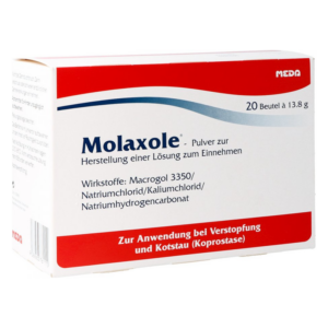 Verpackung von Molaxole, einem Pulver zur Herstellung einer Lösung gegen Verstopfung, mit Inhaltsstoffen aufgeführt.