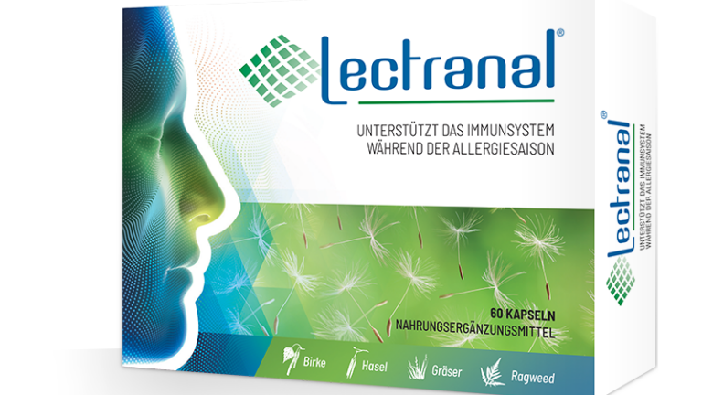 Verpackung von Lectranal, einem Nahrungsergänzungsmittel zur Unterstützung des Immunsystems während der Allergiesaison, mit pflanzlichen Motiven.