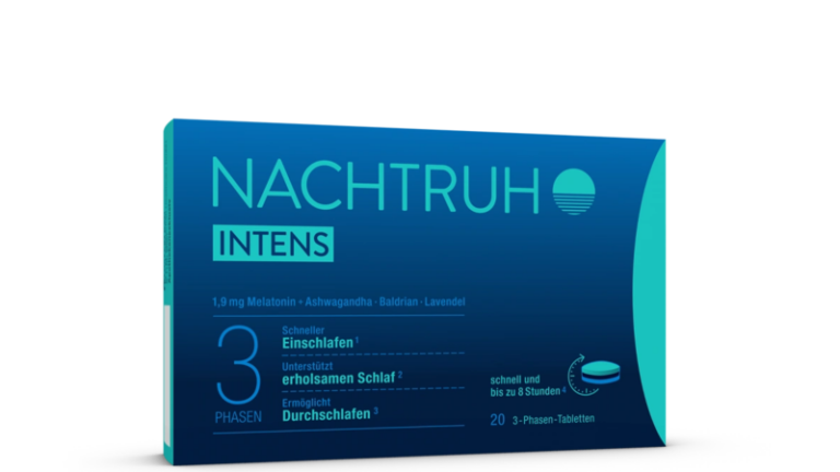 Verpackung von Nachtruhe Intens mit Angaben zu Inhaltsstoffen und Schlafunterstützung, in blauer Farbgestaltung.