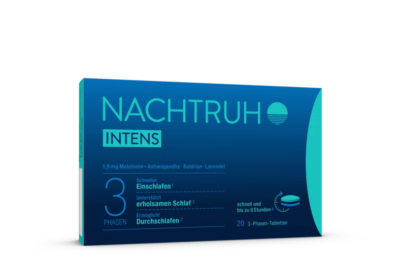 nachtruh-intens.png Verpackung von Nachtruhe Intens mit Angaben zu Inhaltsstoffen und Schlafunterstützung, in blauer Farbgestaltung.