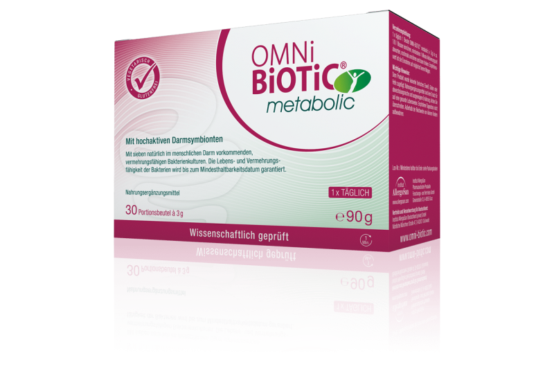 Verpackung von OMNi-BiOTiC metabolic, einem Nahrungsergänzungsmittel mit hochaktiven Darmsymbionten, in einer Box mit 30 Portionsbeuteln.