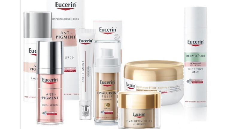 Verschiedene Eucerin Hautpflegeprodukte mit verschiedenen Verpackungen, darunter Tuben, Pumpflaschen und Tiegel.