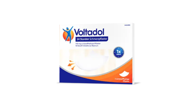 Verpackung eines Voltadol Schmerzpflasters, das 24 Stunden wirkt, mit Informationen zu Inhalt und Wirkstoff.
