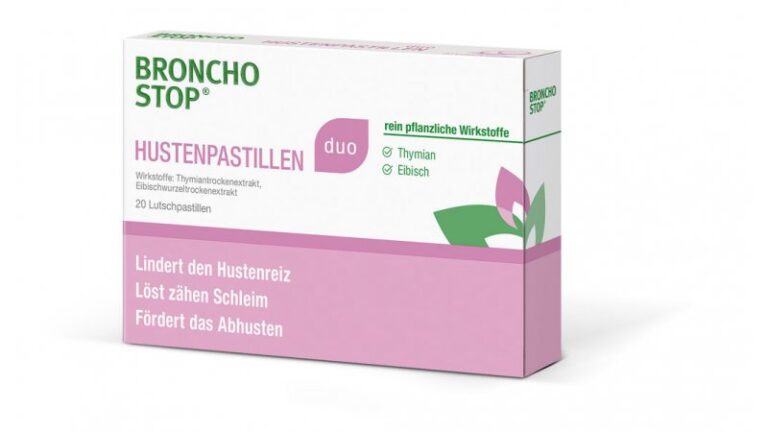 Verpackung von Broncho Stop Hustenpastillen duo mit Informationen zu Inhaltsstoffen und Wirkungen.