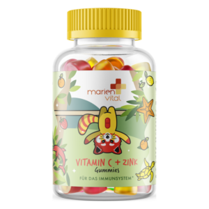 Flasche mit bunten Vitamin C und Zink Gummies, bunte Aufdrucke und fröhliches Tierdesign auf Etikett.