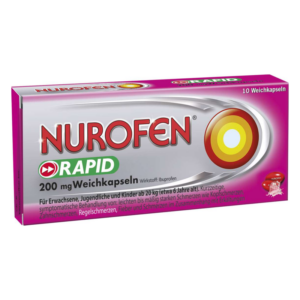 Verpackung von Nurofen Rapid Weichkapseln mit 200 mg Ibuprofen zur kurzfristigen Schmerzlinderung.
