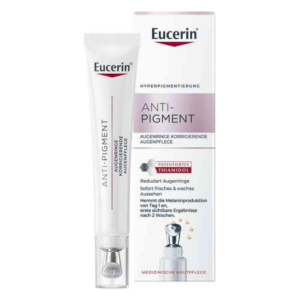 Eucerin Anti-Pigment Augenpflege in Tube mit Applikator, Verpackung mit Produktinformation und Zutatenliste.