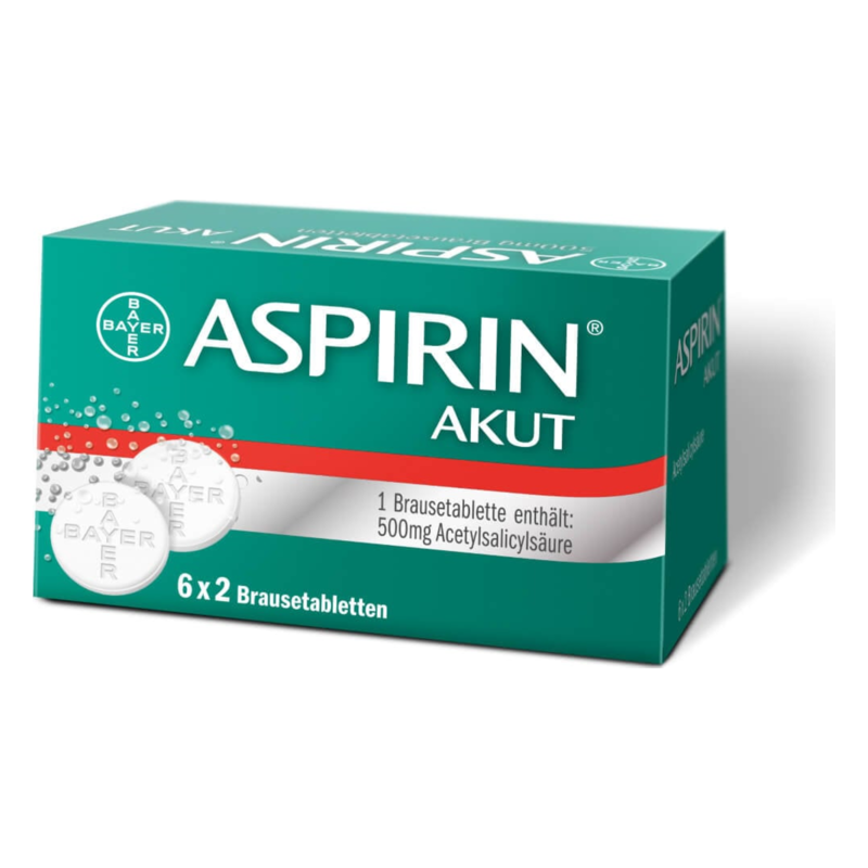 Verpackung von Aspirin Akut mit 6 Brausetabletten, enthält 500mg Acetylsalicylsäure pro Tablette.
