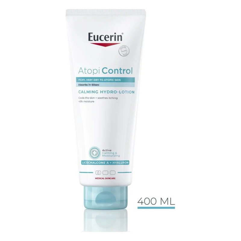 Eucerin Atopi Control beruhigende Hydro-Lotion in einer weißen Tube mit blauen Akzenten, 400 ml Inhalt.