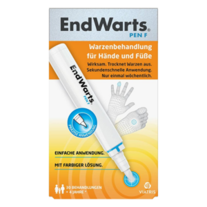 Verpackung des EndWarts Pen für die Warzenbehandlung, zeigt den Stift und Anwendungsdetails.