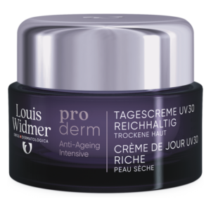 Reichhaltige Tagescreme mit UV-Schutz für trockene Haut in einem violetten Tiegel von Louis Widmer.