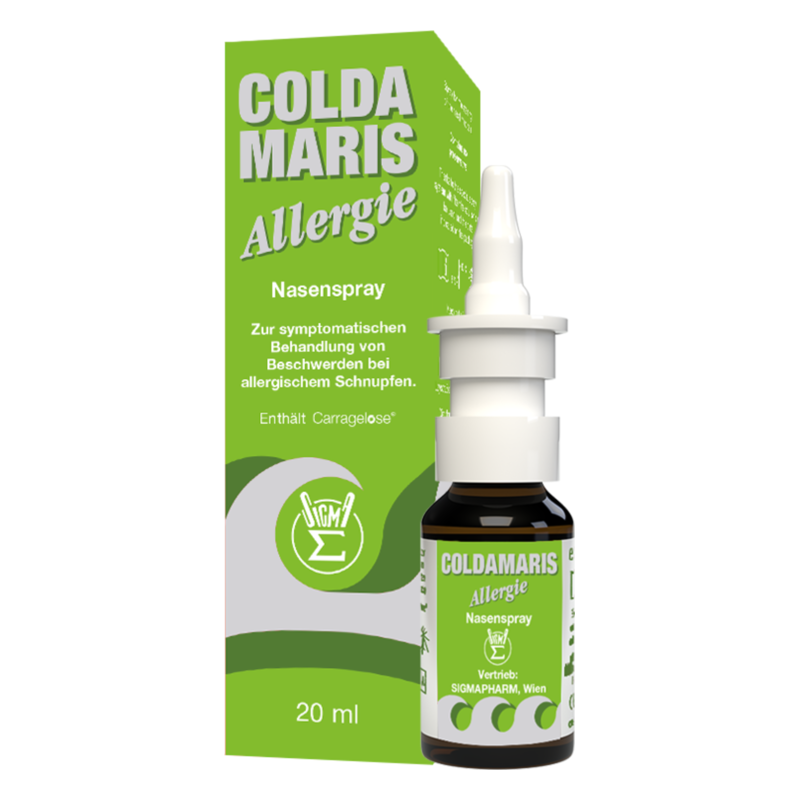 Nasenpflegeprodukt Coldamaris Allergie, enthält Carrageen, in einer grünen Verpackung mit Pumpaufsatz, 20 ml.