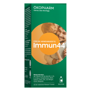 Verpackung von Immun44, einem Saft zur Stärkung der Abwehrkräfte, mit grüner und orangefarbener Gestaltung.