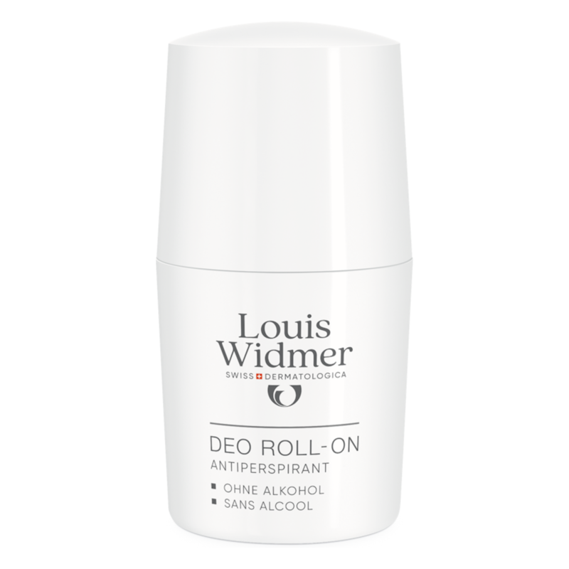 Weißer Roll-On Deo von Louis Widmer, alkoholfrei, mit klarer Beschriftung und runder Kappe.