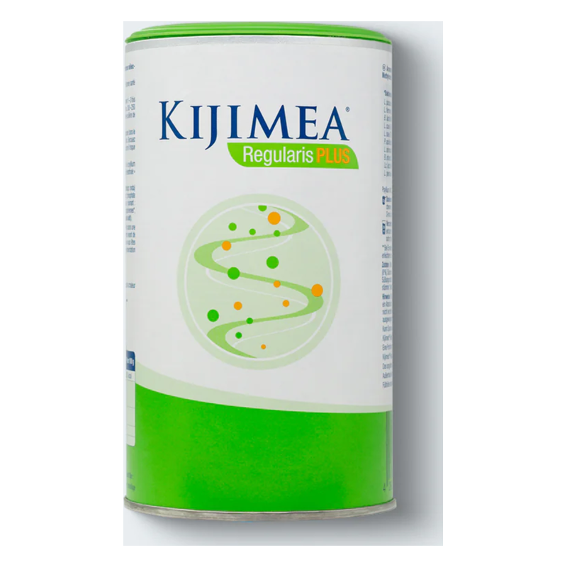 Grüne Dose mit Kijimea Regularis Plus, einem Produkt zur Unterstützung der Darmgesundheit, mit spiralförmigem Design.