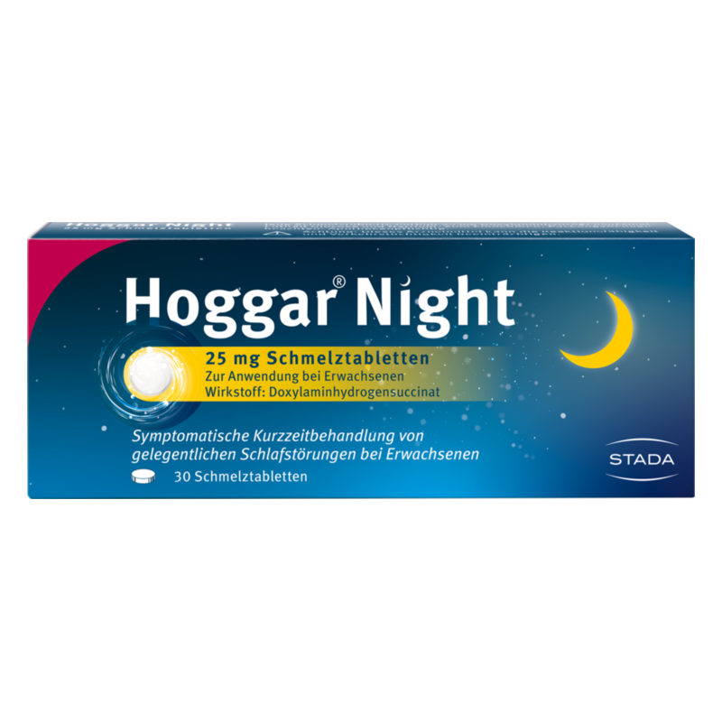 Verpackung von Hoggar Night Schmelztabletten mit Angaben zu Wirkstoff und Anwendung bei Schlafstörungen.