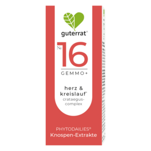 Verpackung von guterrat No. 16 GEMMO+, einem Knospen-Extrakt für Herz und Kreislauf in rotem Design.