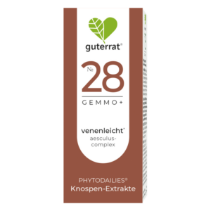 Verpackung des Produkts "Guterrat No. 28 GEMMO+", ein Knospen-Extrakt mit der Bezeichnung "venenleicht".
