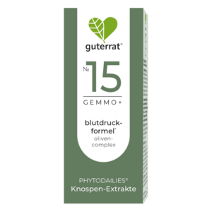 Verpackung des Produkts guterrat No. 15 GEMMO+, blutdruck-formel, mit Olivenkomplex, in grüner Box.