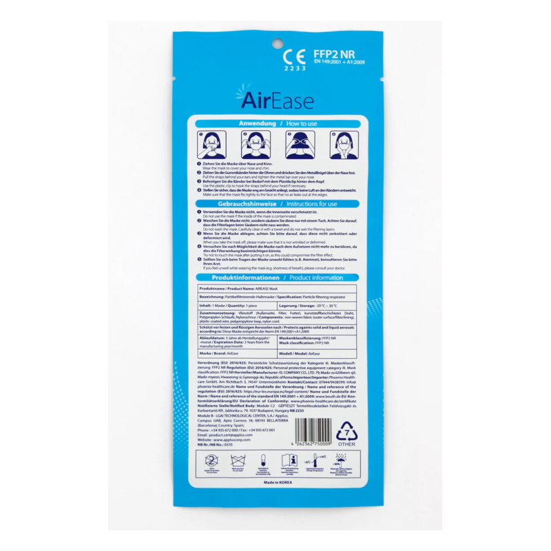Rückseite der AirEase FFP2 Maske mit Anwendungshinweisen und Produktinformationen auf blauer Verpackung.