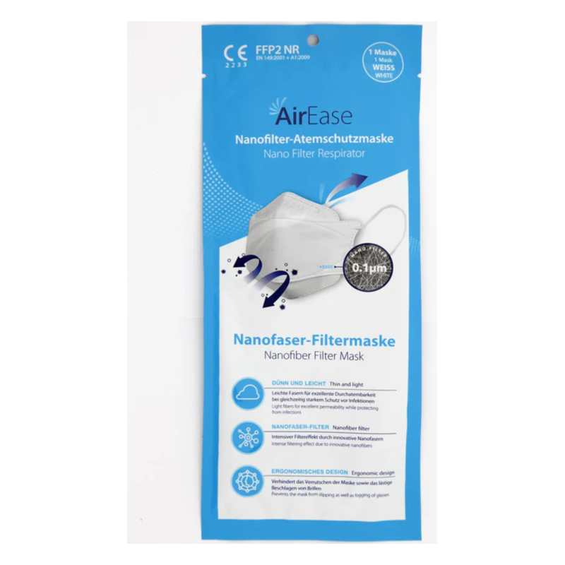 Verpackung einer Nanofaser-Filtermaske mit Beschreibung, abgebildeter Maske und technischen Informationen.