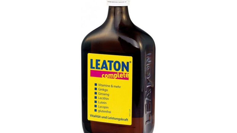 Braune Flasche mit einem gelben Etikett, auf dem "LEATON complete" steht, enthält Vitamine und Ginkgo.