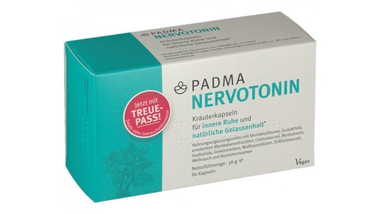 Verpackung von PADMA NERVOTONIN, Kräuterkapseln für innere Ruhe und Gelassenheit, in grüner Box mit weißem Text.
