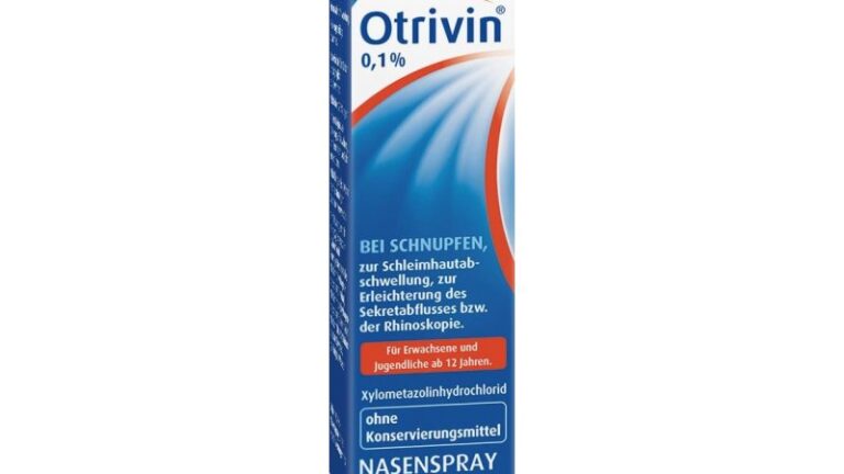 Otrivin Nasenspray in einer blauen Verpackung mit Informationen zur Anwendung und Inhaltsstoffen.