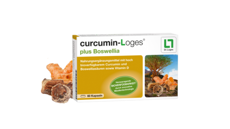 Verpackung von curcumin-Loges plus Boswellia mit Kapseln, umgeben von Kurkuma und Boswellia-Rinde.