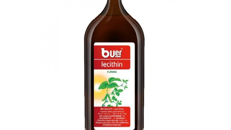 Braune Flasche mit Flüssiglecithin, Etikett enthält Produktinformationen und Pflanzenmotiv.