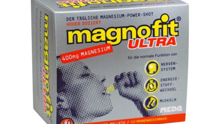 Verpackung von magnofit ULTRA, Magnesium-Power-Shot mit 400 mg Magnesium für Nerven, Energie und Muskeln, Zitrongeschmack.