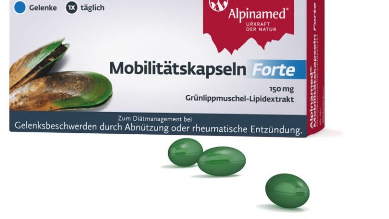 Packung Mobilitätskapseln Forte mit Grünlippmuschel-Lipidextrakt, zwei grüne Kapseln daneben.