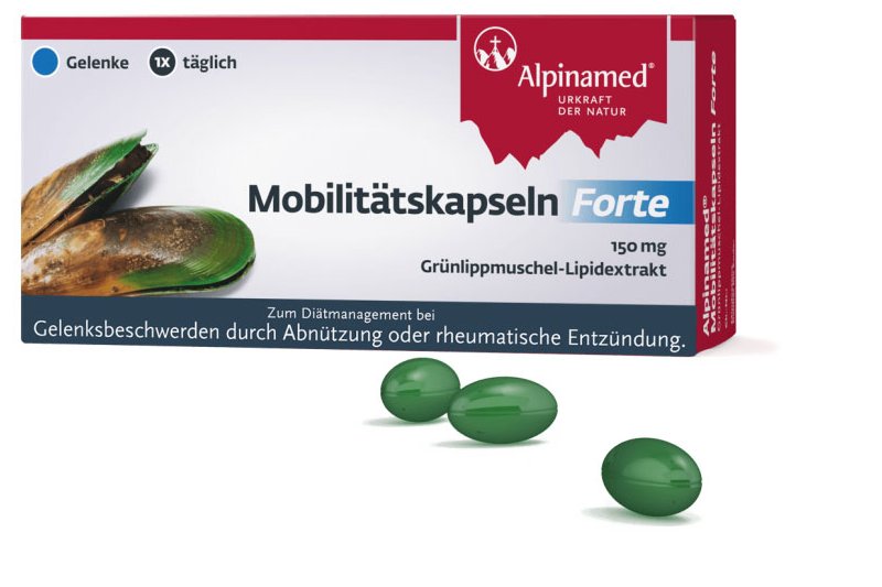 Packung Mobilitätskapseln Forte mit Grünlippmuschel-Lipidextrakt, zwei grüne Kapseln daneben.