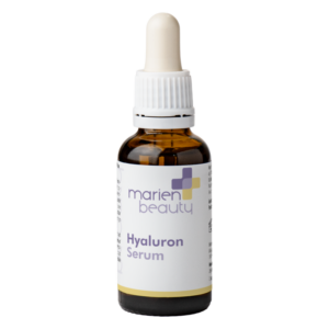 Braunes Glasfläschchen mit Pipette, enthält Hyaluronsäure-Serum, etikettiert mit marien beauty.