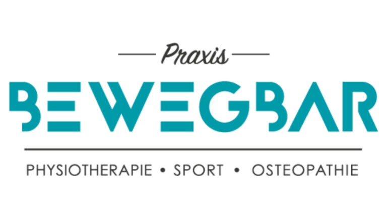 Logo der Praxis Bewegbar mit dem Slogan Physiotherapie, Sport, Osteopathie in blau und schwarz.