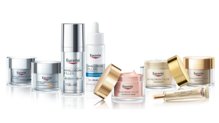 Verschiedene Eucerin-Hyaluron-Filler-Produkte mit unterschiedlichen Verpackungen in einer Reihe angeordnet.