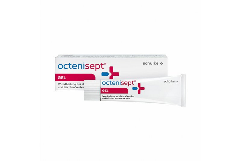 Tube und Verpackung von octenisept Gel zur Wundheilung bei akuten Wunden und leichten Verbrennungen.