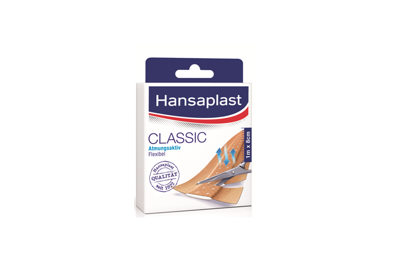 Verpackung von Hansaplast Classic, atmungsaktives und flexibles Pflaster, sichtbar sind Scheren und Maßangaben.
