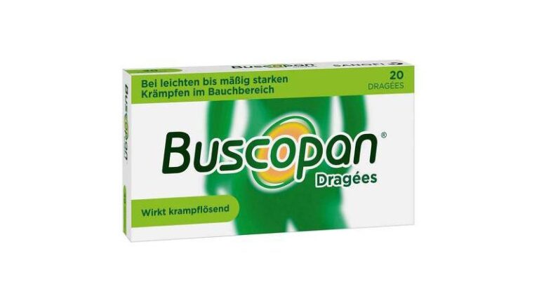 Packung von Buscopan Dragées zur Linderung von Bauchkrämpfen, grüne und gelbe Gestaltung mit Logo.