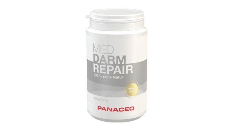 Weißer Kunststoffbehälter mit Schraubverschluss, beschriftet mit "DARM REPAIR" und "100 % reine Natur" von PANACEO.