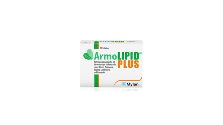 Verpackung von ArmoLIPID PLUS mit Informationen zu Inhaltsstoffen und Dosierung, in weißer Schachtel mit grünem und orangefarbenem Text.