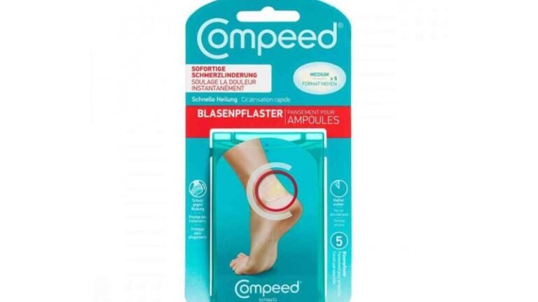 Verpackung von Compeed Blasenpflaster für die sofortige Schmerzlinderung und schnelle Heilung, mit einem Fußabbild.