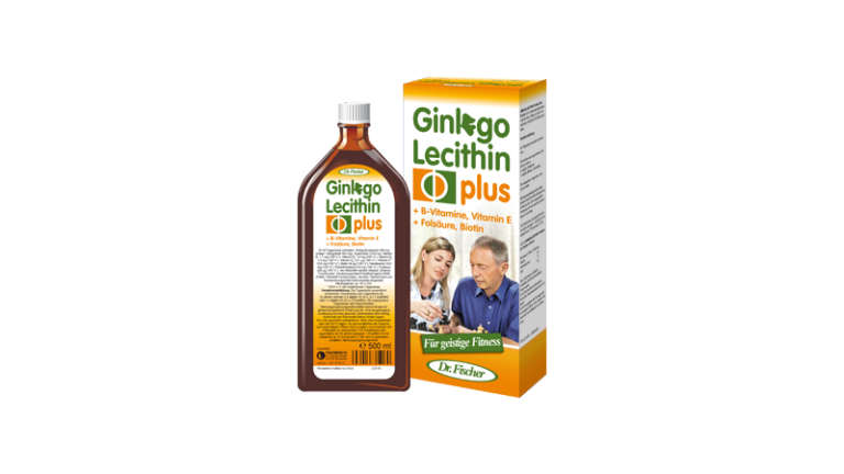 Flasche Ginkgo Lecithin plus mit Karton, enthält B-Vitamine, Vitamin E, Folsäure, Biotin für geistige Fitness.