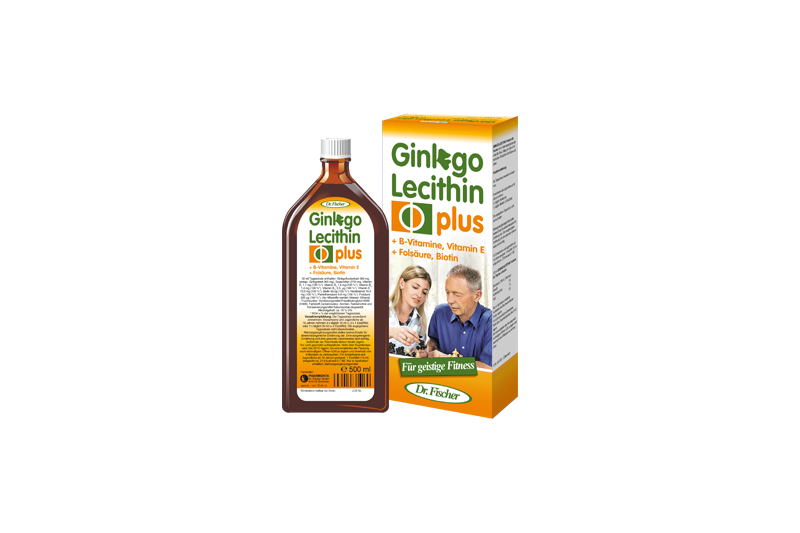 Flasche Ginkgo Lecithin plus mit Karton, enthält B-Vitamine, Vitamin E, Folsäure, Biotin für geistige Fitness.
