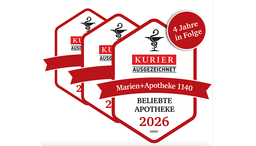 Drei Auszeichnungen für die Marien-Apotheke 1140, gekennzeichnet als beliebte Apotheke 2026, in rot-weißem Design.