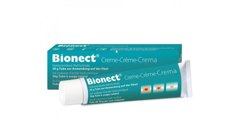 Bionect Creme in einem 30 g Tube, verpackt in einer turquoise-blauen Schachtel mit mehrsprachiger Beschreibung.