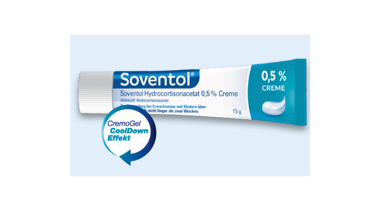 Soventol Creme mit 0,5 % Hydrocortisonacetat in einer 15 g Tube, präsentiert mit 'CremoGel CoolDown Effekt'.