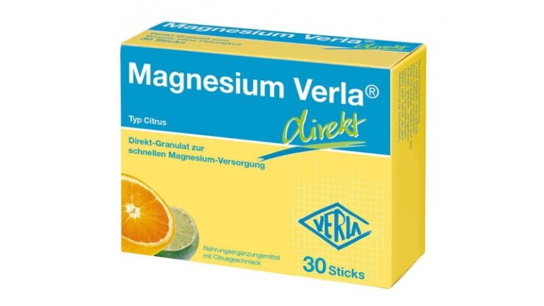 Verpackung von Magnesium Verla Direkt-Granulat mit Zitrusgeschmack in leuchtend gelber Box.