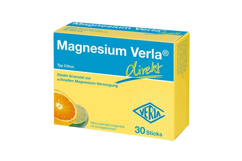 Magnesium_Verla_direkt_Citrus_30.jpg Verpackung von Magnesium Verla Direkt-Granulat mit Zitrusgeschmack in leuchtend gelber Box.
