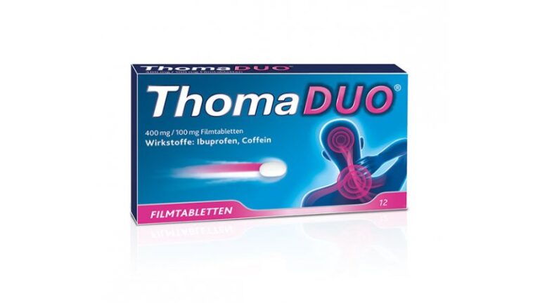 Packung ThomaDUO Filmtabletten mit Ibuprofen und Coffein, blau mit pinken Akzenten und Silhouetten von Schmerzen.